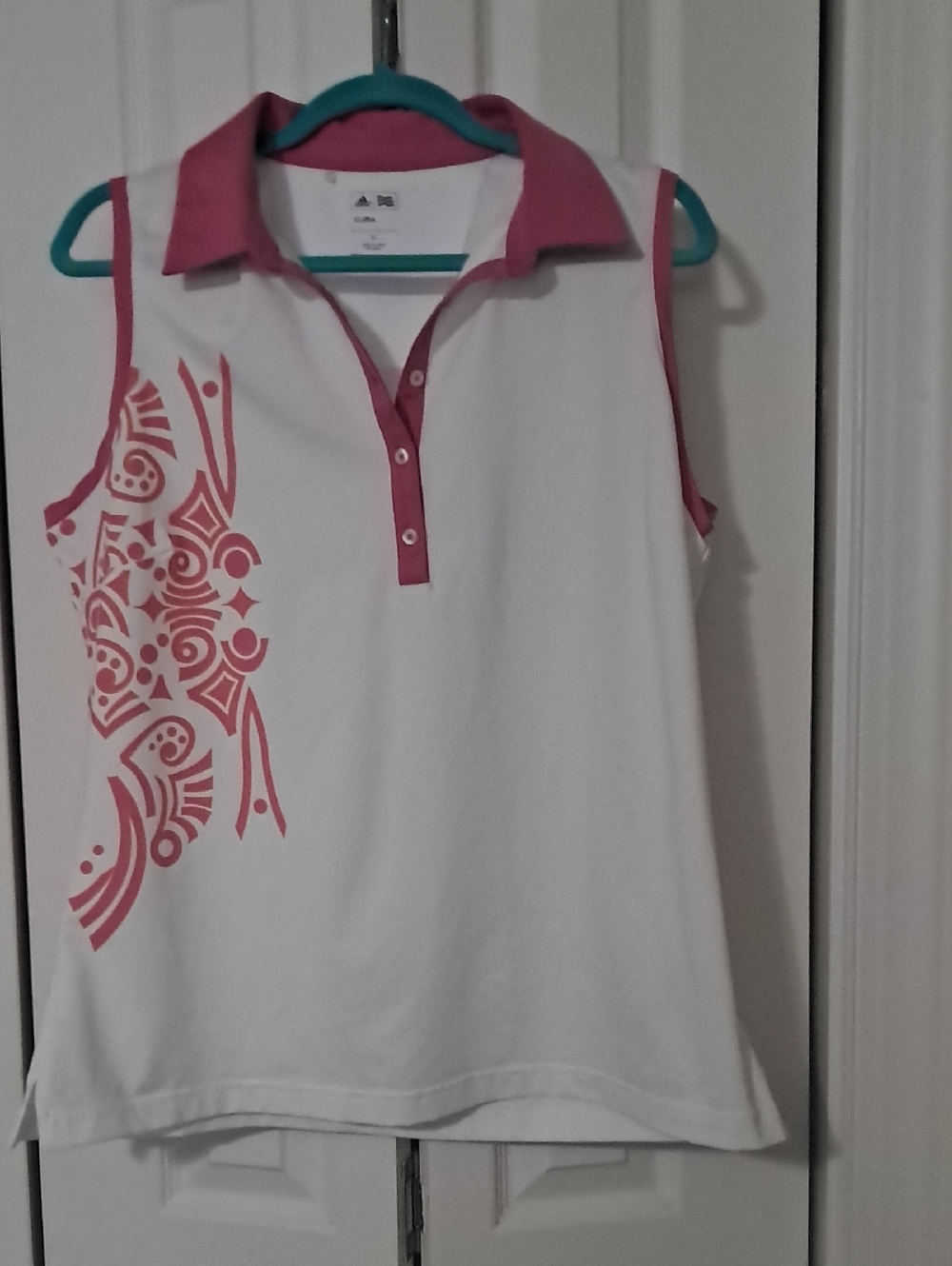 Adidas White Sleeveless Golf Polo Tank with Pink Trim and Side Graphic